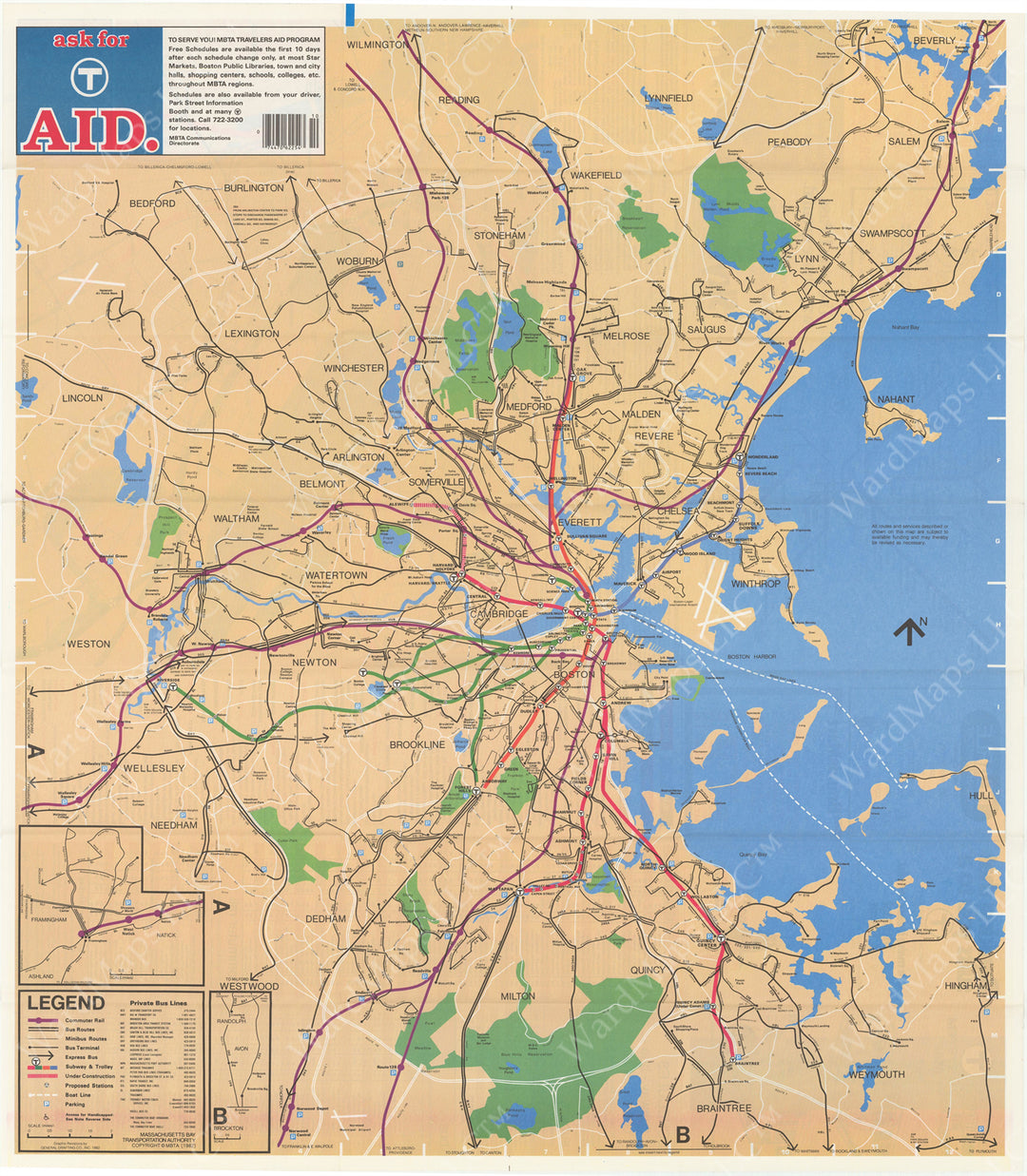 Boston, Massachusetts MBTA System Route Map 1982 (Side A)