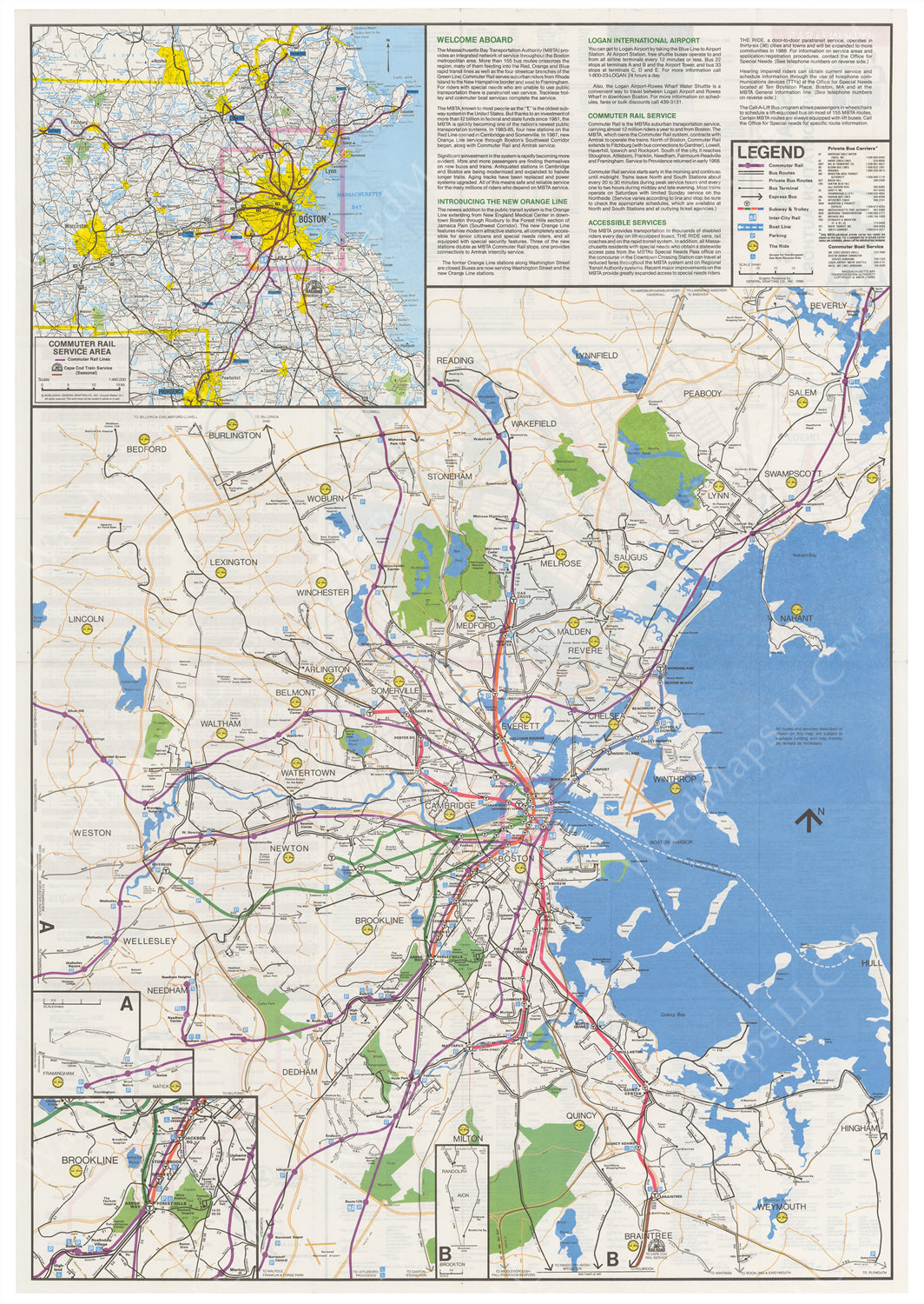 Boston, Massachusetts MBTA System Route Map 1988 (Side A)