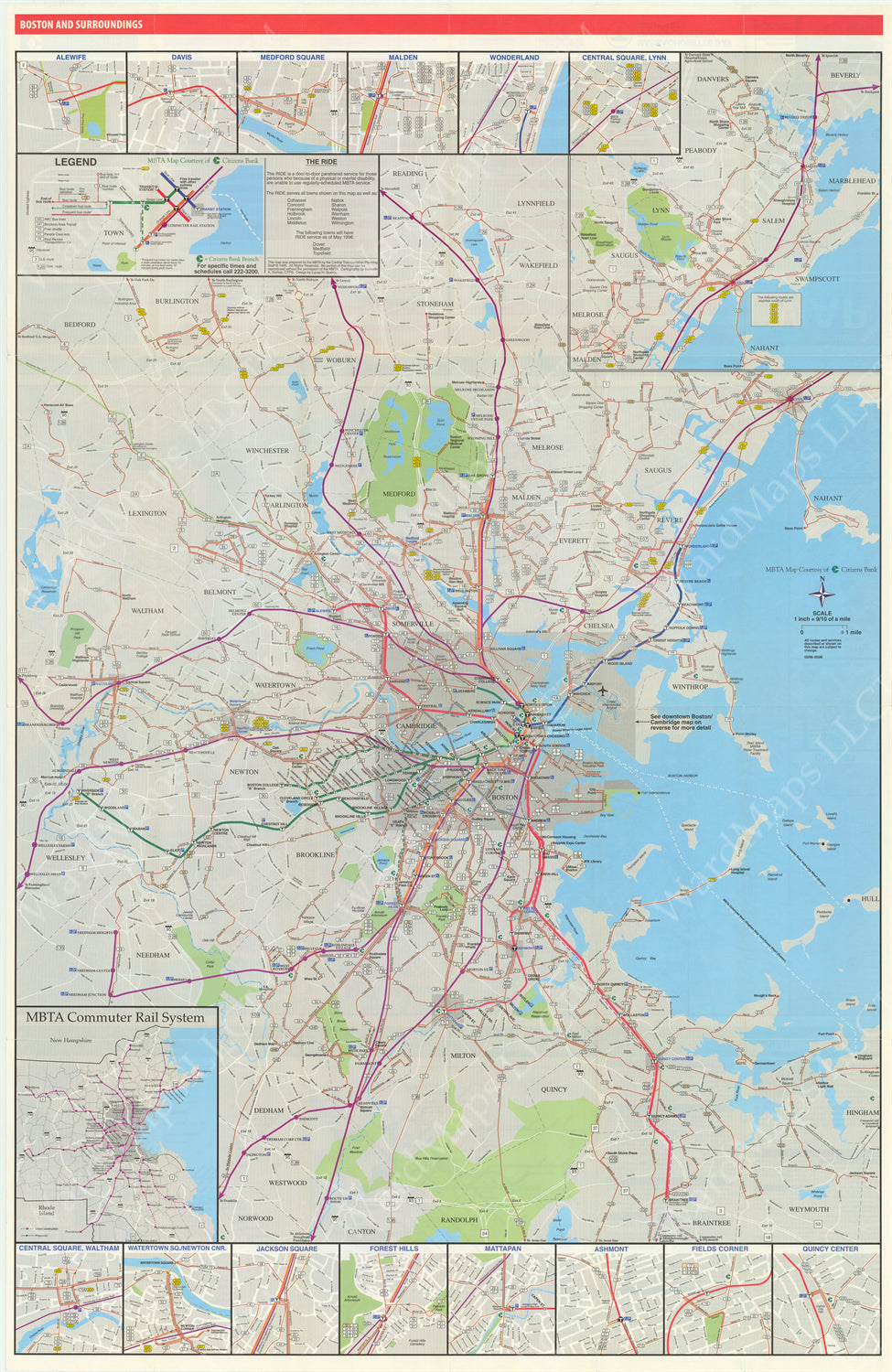 Boston, Massachusetts MBTA System Route Map 1996 (Side B)