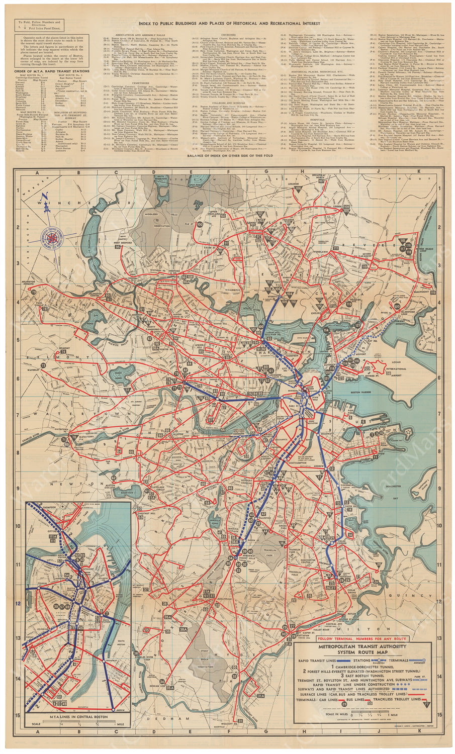 Boston, Massachusetts MTA System Route Map #1 1949