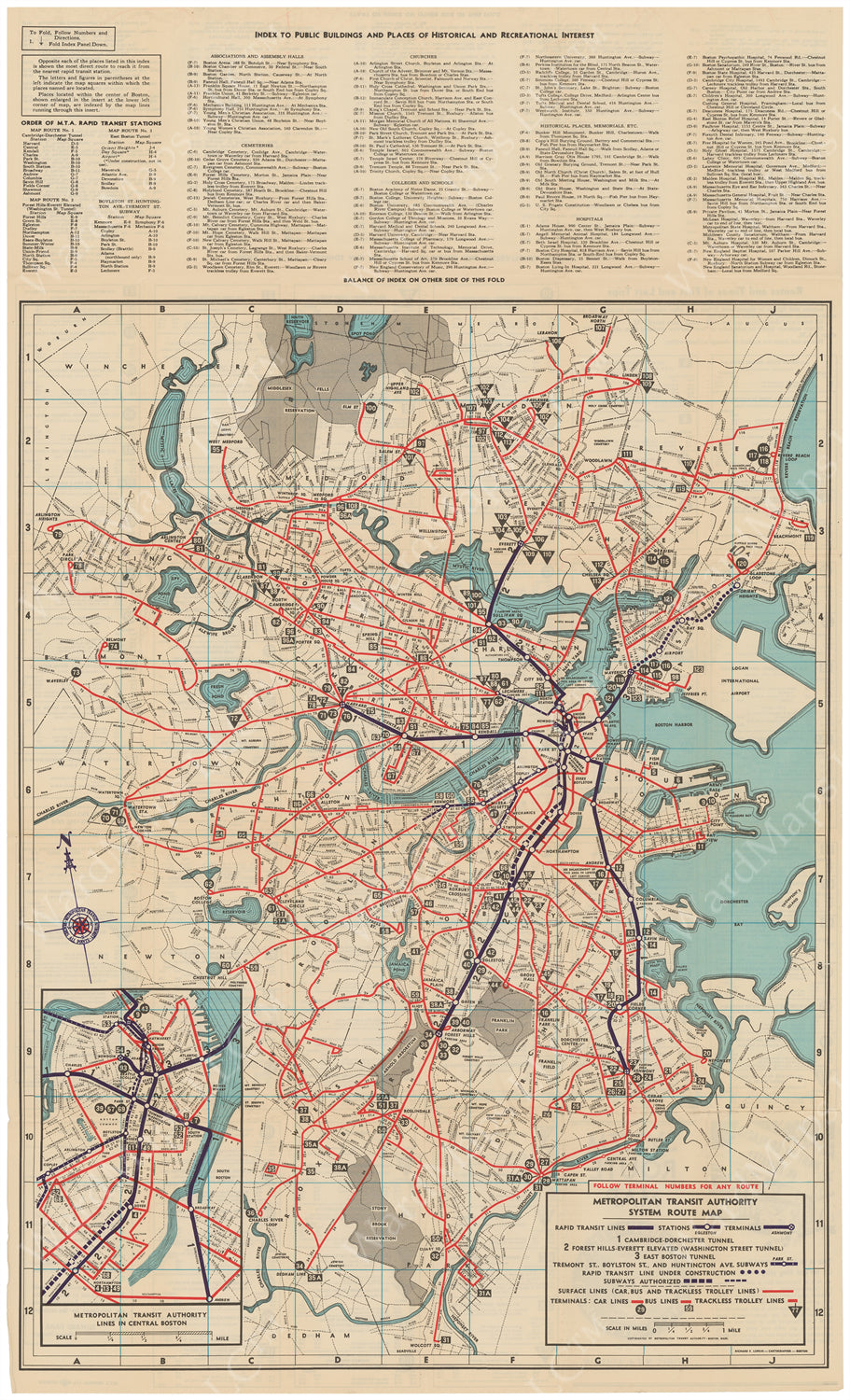 Boston, Massachusetts MTA System Route Map #2 1951