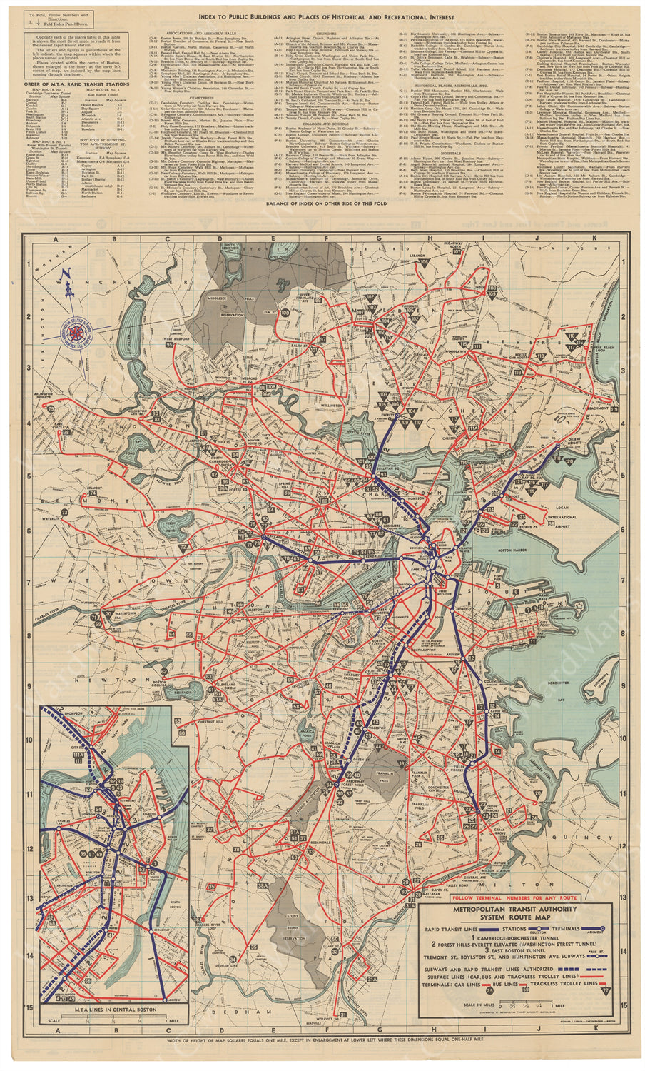 Boston, Massachusetts MTA System Route Map #3 1952