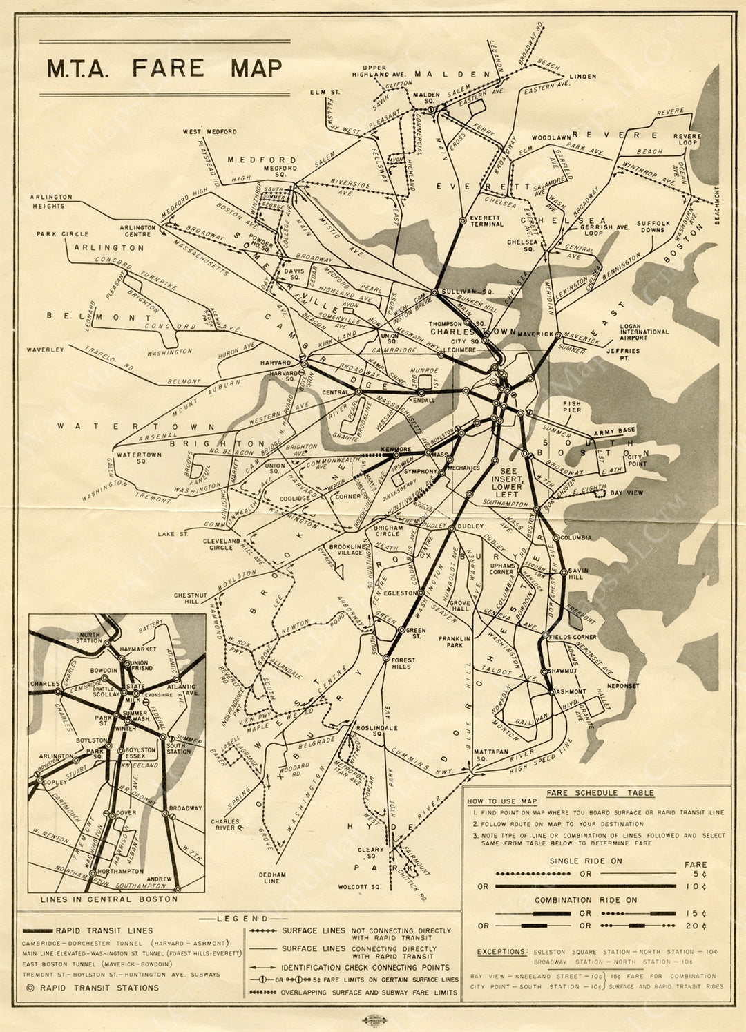 Boston, Massachusetts MTA Fare Map 1949