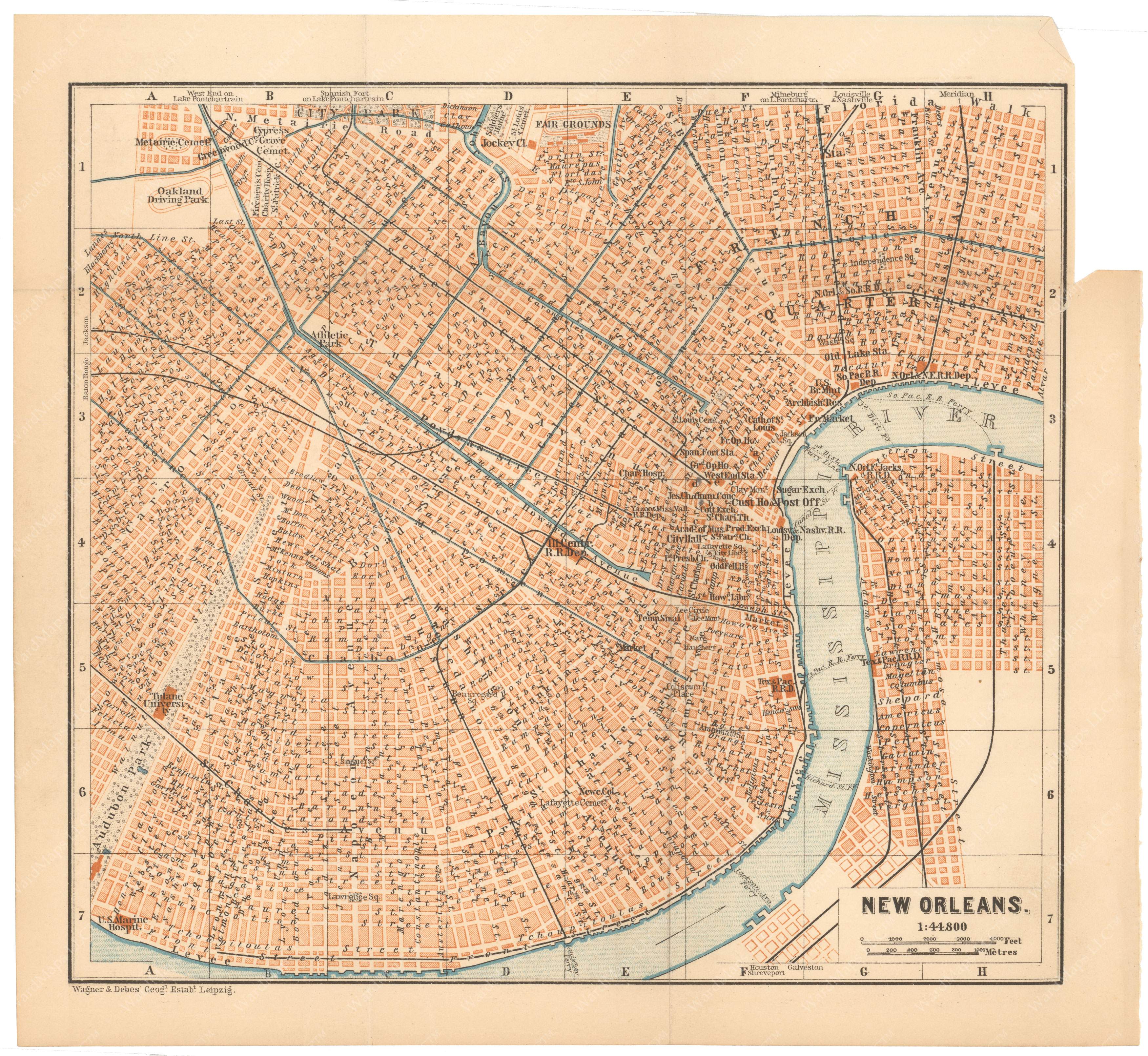 Birds Eye View 1851 New Orleans Louisiana Vintage Map – 18x24 – Reproduction Poster