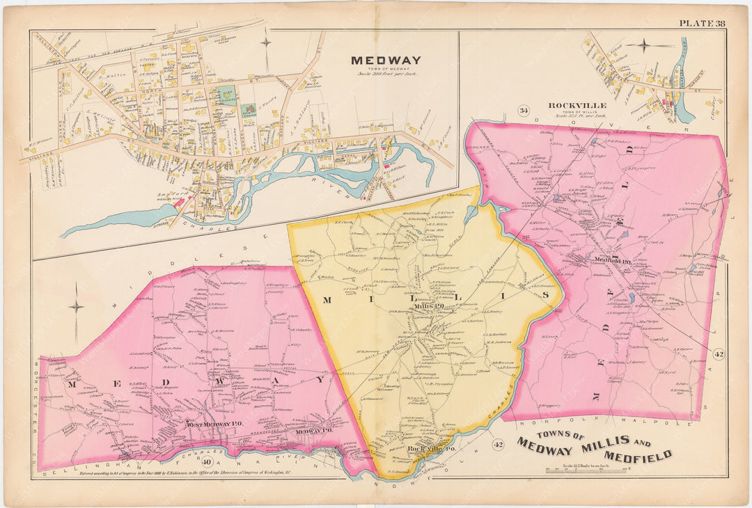 Norfolk County, Massachusetts 1888 Plate 038: Medfield, Medway, and Millis