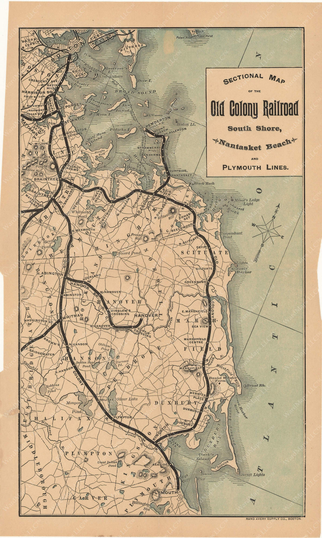 Old Colony Railroad Map, South Shore, Massachusetts 1888