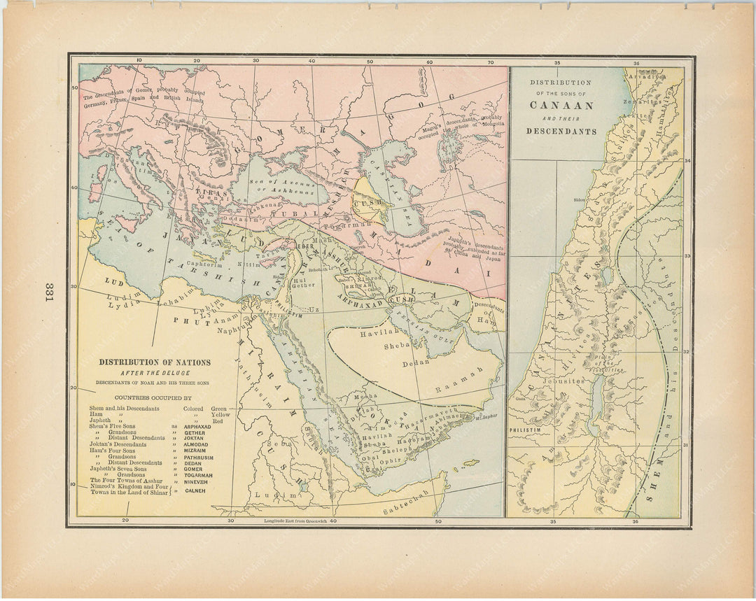 Classical Map 1894: Distribution of Nations After the Deluge and Sons of Canaan
