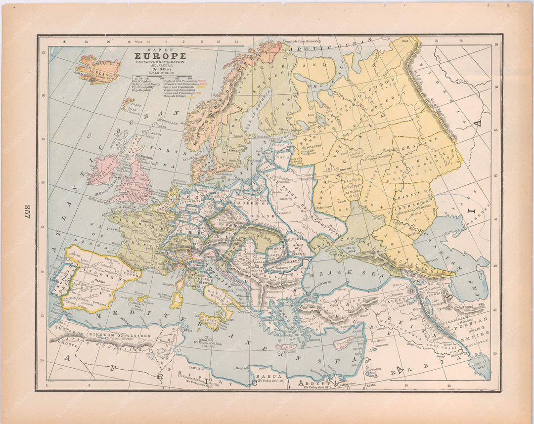 Classical Map 1894: Europe During the Reformation, About A.D. 1550