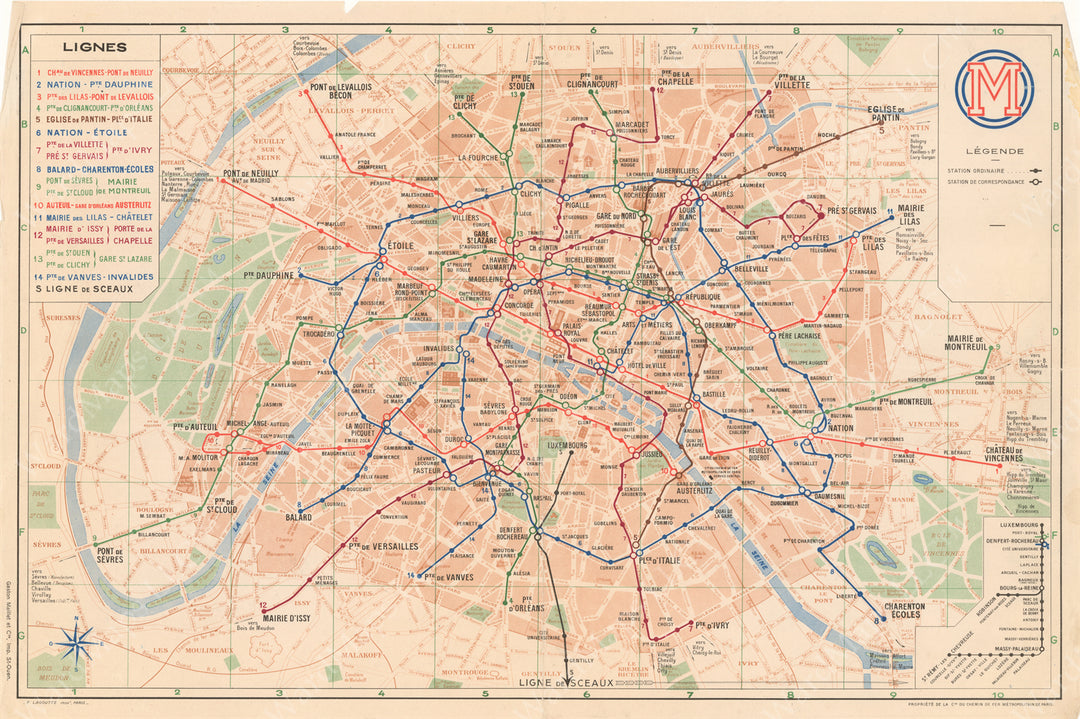 Paris, France Metro Map 1931