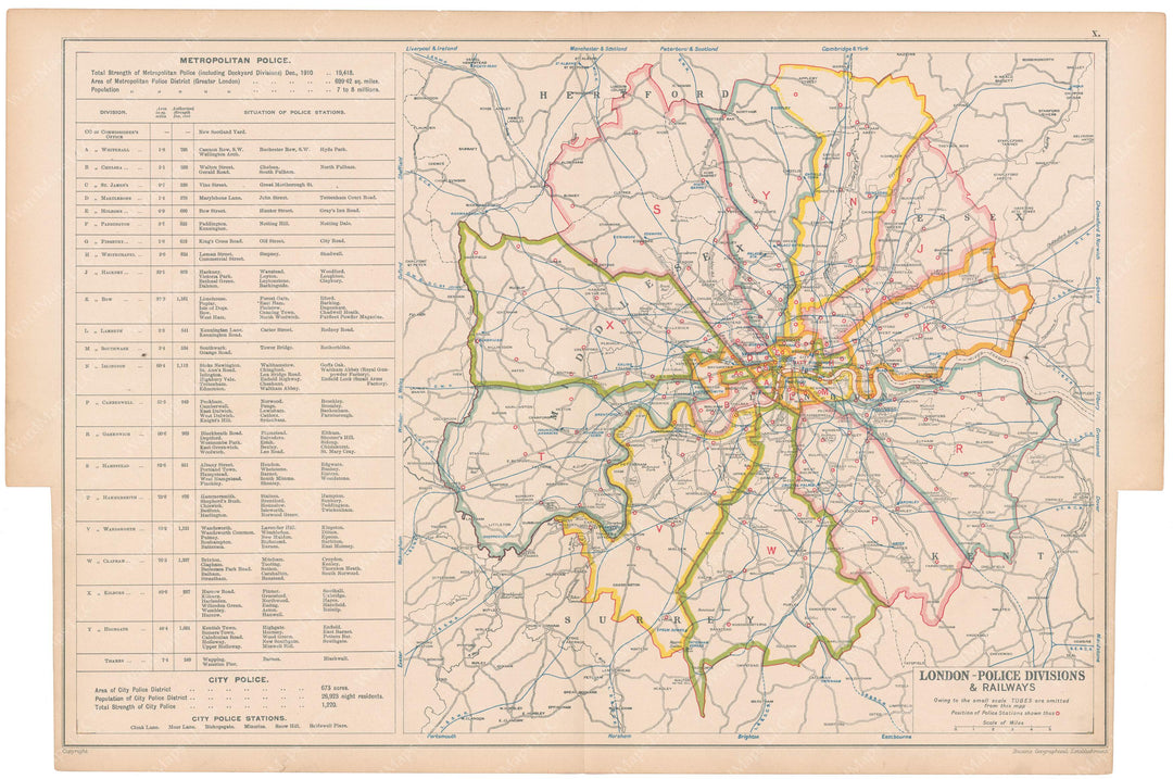 London, England and Suburbs 1910: Police Divisions and Railways ...