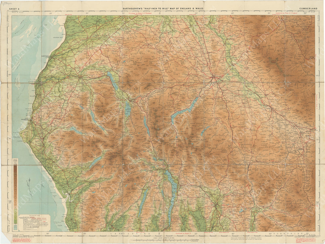Bartholomew's "Half-Inch to Mile" England & Wales Sheet 03: Cumberland Circa 1920s