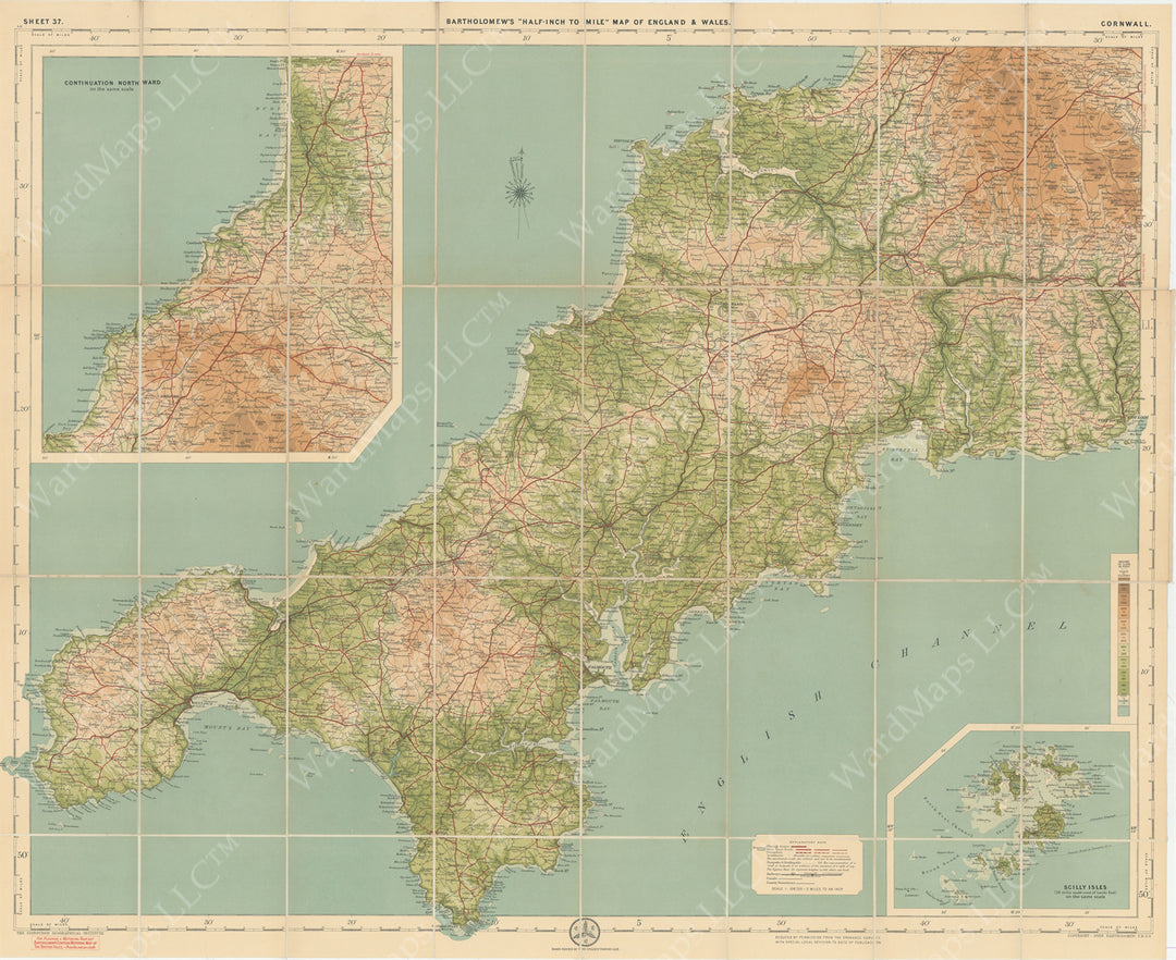 Bartholomew's "Half-Inch to Mile" England & Wales Sheet 37: Cornwall Circa 1920s