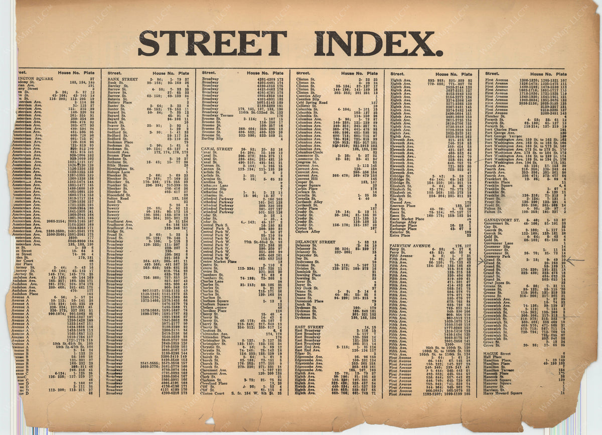 Manhattan, New York 1925 Street Index 1 – WardMaps LLC