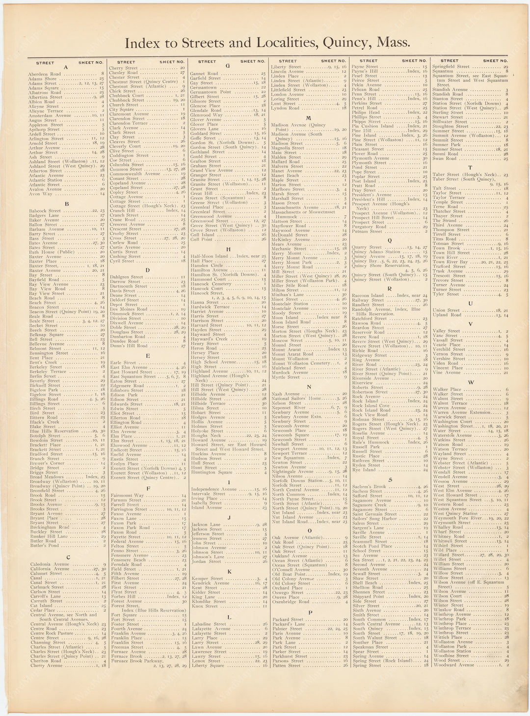 Quincy, Massachusetts, 1907 Street Index