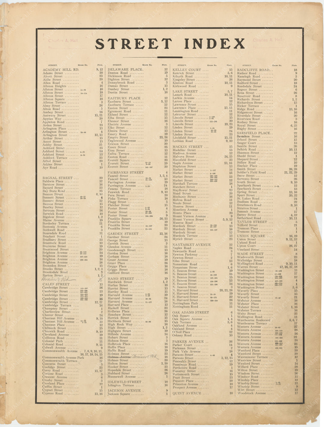 Brighton, Massachusetts 1909: Street Index