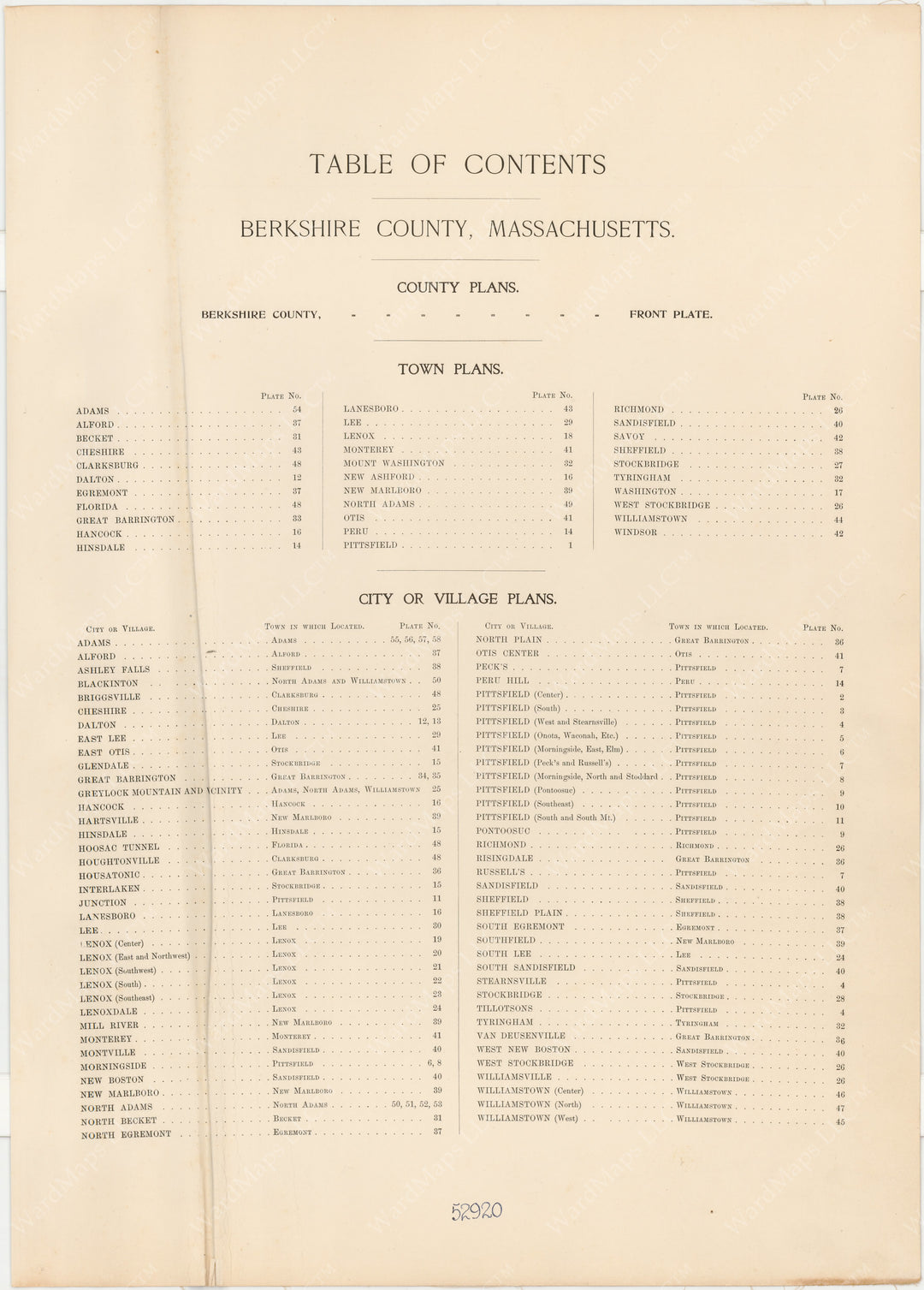 Berkshire County, Massachusetts 1904 Table of Contents