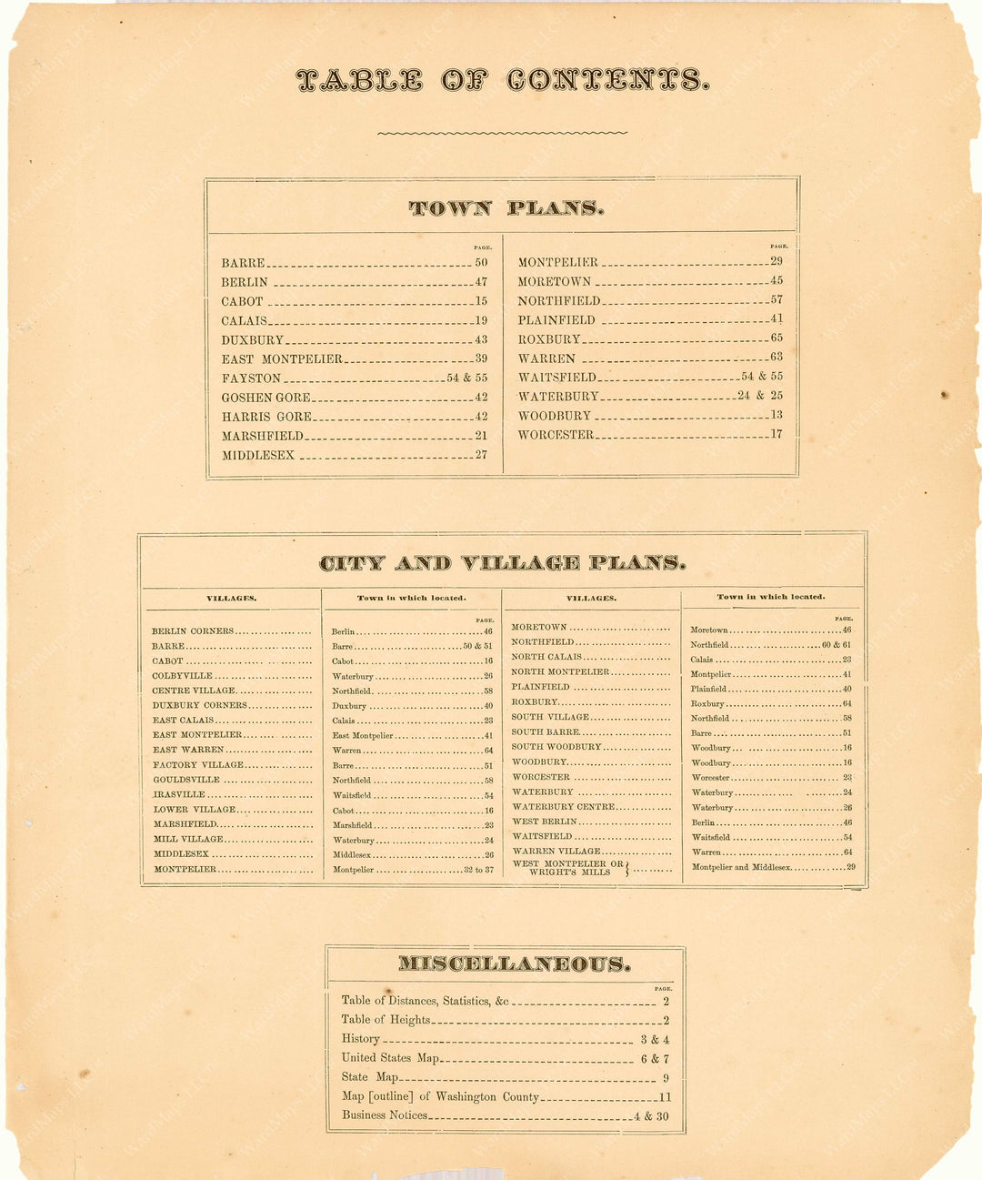 Washington County, Vermont 1873 Table of Contents