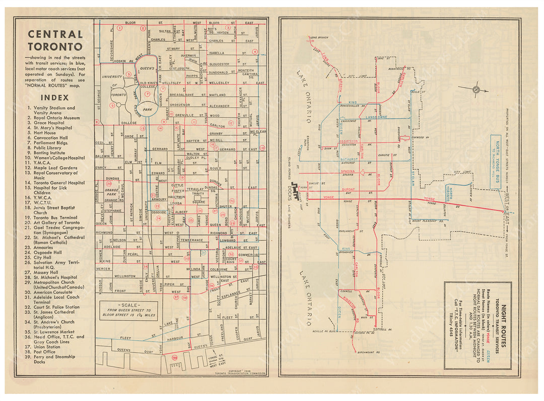 Toronto Transit Commission Maps 1948: Central Toronto and Night Routes ...