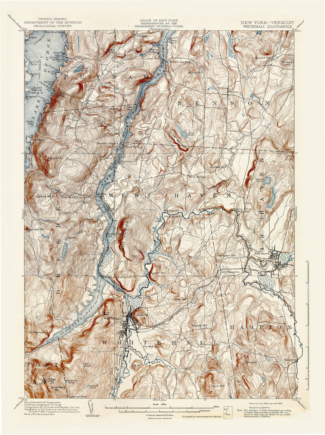 USGS New York and Vermont: Whitehall Sheet 1942